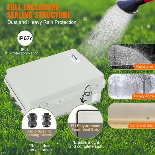 VEVOR outdoor electrical junction box with ip67 protection for rain, snow, and dust resistance.