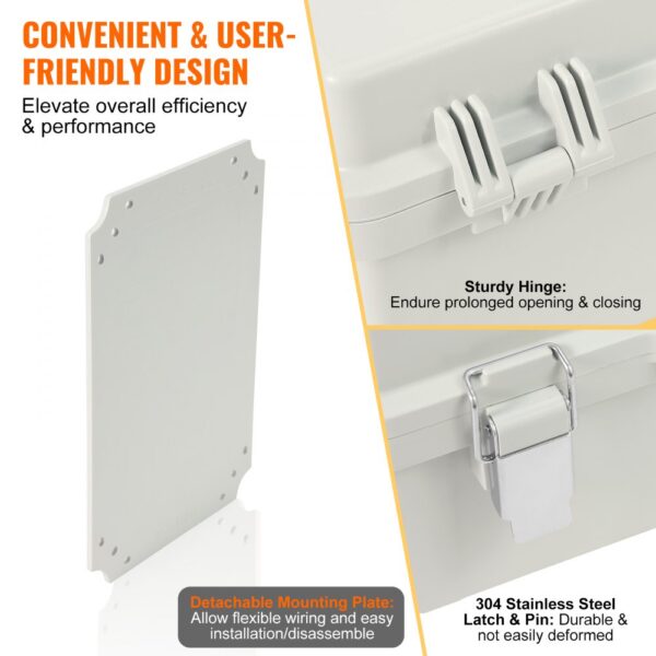 VEVOR outdoor electrical junction box with sturdy hinge, 304 stainless steel latch, and detachable mounting plate.