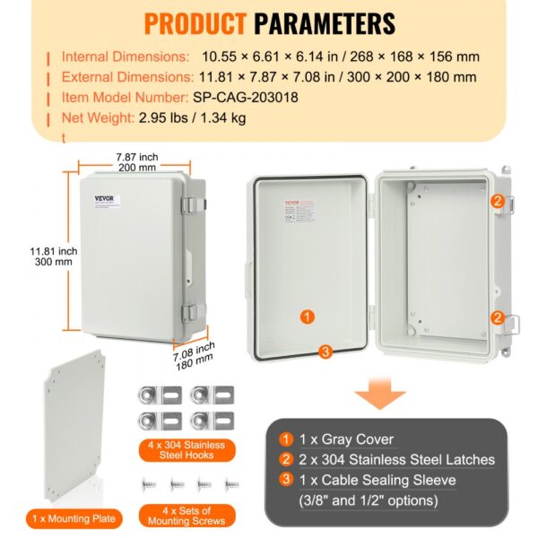 VEVOR outdoor electrical junction box with dimensions and included accessories, featuring gray cover and steel latches.