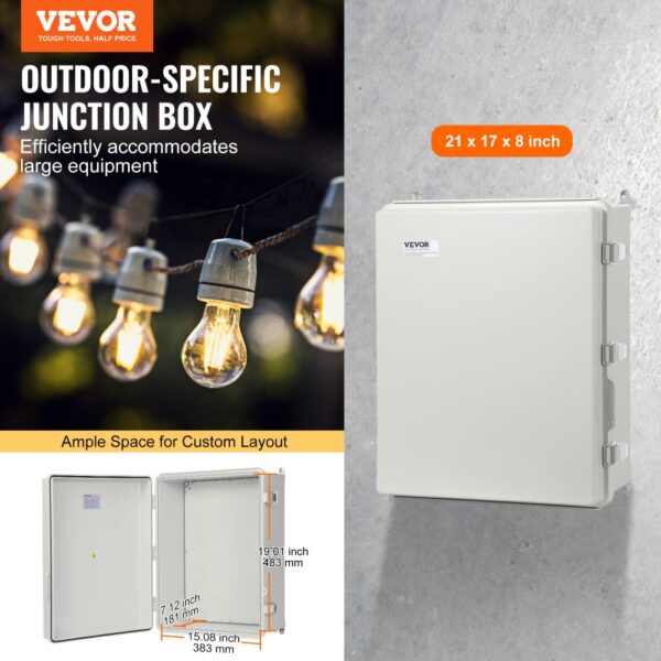 VEVOR electrical junction box with outdoor-specific design, ample custom layout space, and 21 x 17 x 8 inches.