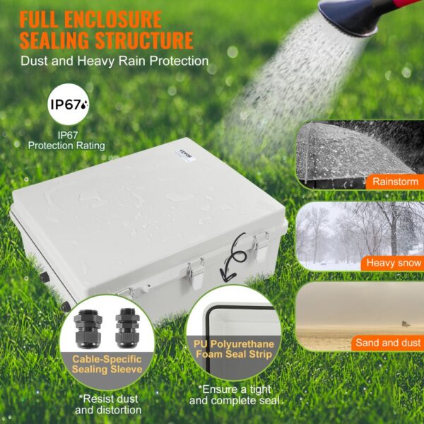 VEVOR electrical junction box with ip67 protection rating shielding from rain, snow, and dust.