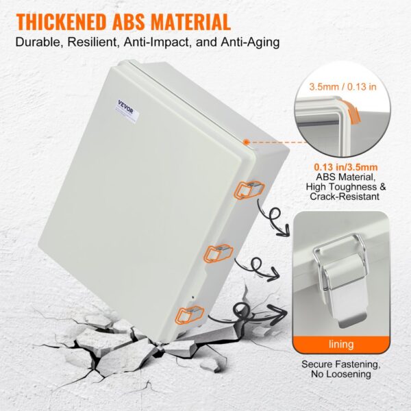 VEVOR electrical junction box made of 3.5mm thickened abs, durable, anti-impact, and secure fastening.