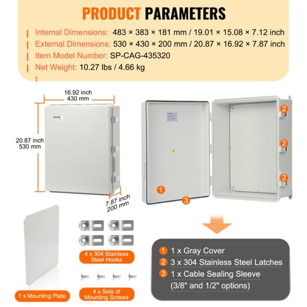 VEVOR electrical junction box with dimensions, gray cover, stainless steel latches, and mounting screws.