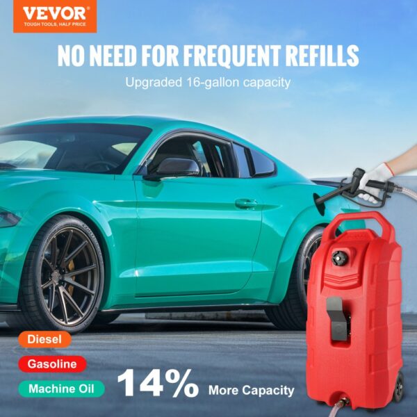 VEVOR fuel caddy refueling a teal car, showcasing its 16-gallon capacity and efficiency for various fuels.