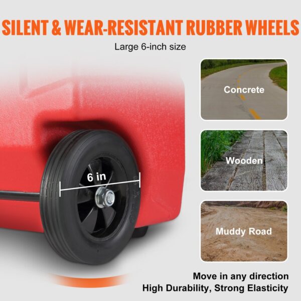 VEVOR fuel caddy with 6-inch silent, wear-resistant rubber wheels for concrete, wooden, and muddy roads.