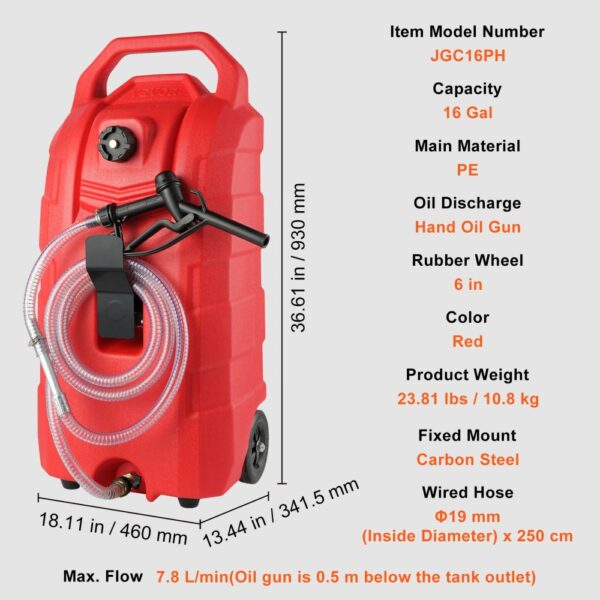 red VEVOR fuel caddy jgc16ph with hand oil gun, rubber wheels, and 19mm x 250cm hose, capacity 16 gal.