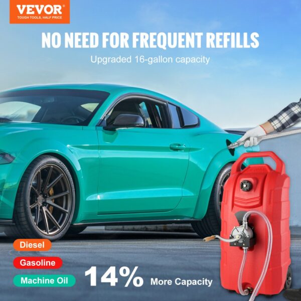 VEVOR 16 Gallon Fuel Caddy, 7.8 L/min, Portable Gas Storage Tank Container with Hand Pump Rubber Wheels, Fuel Transfer Storage Tank for Gasoline Diesel Machine Oil Car Mowers Tractor Boat Motorcycle