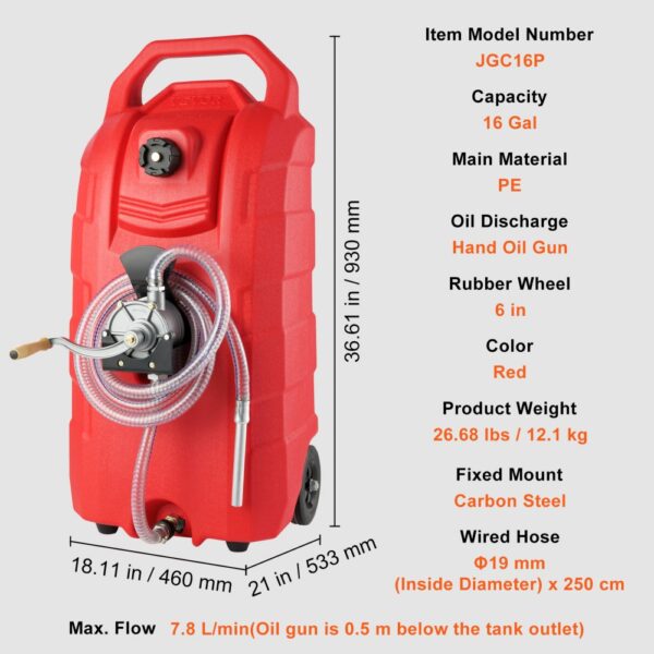 VEVOR 16 Gallon Fuel Caddy, 7.8 L/min, Portable Gas Storage Tank Container with Hand Pump Rubber Wheels, Fuel Transfer Storage Tank for Gasoline Diesel Machine Oil Car Mowers Tractor Boat Motorcycle