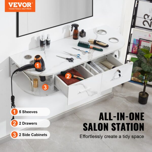 VEVOR salon station with 5 shelves, 2 drawers, and side cabinets, organized with tools and products.