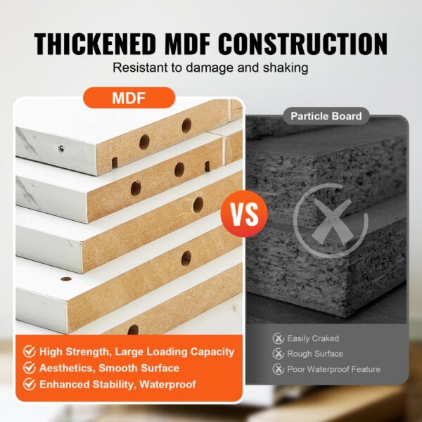 VEVOR salon station mdf construction vs. particle board: high strength, smooth surface, waterproof.