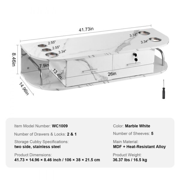 VEVOR salon station in marble white with 2 drawers, 1 lock, and 5 sheeves, dimensions 41.73 x 14.96 x 8.46 inches.