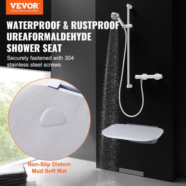 waterproof and rustproof VEVOR folding shower seat with non-slip diatom mud soft mat.