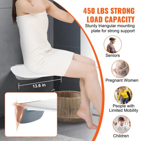 VEVOR folding shower seat with 450 lbs load capacity, ideal for seniors, pregnant women, and children.