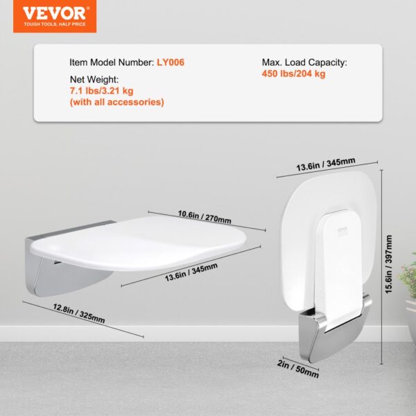 VEVOR folding shower seat, model ly006, white, max load 450 lbs, 13.6x12.8 inches folded dimensions.