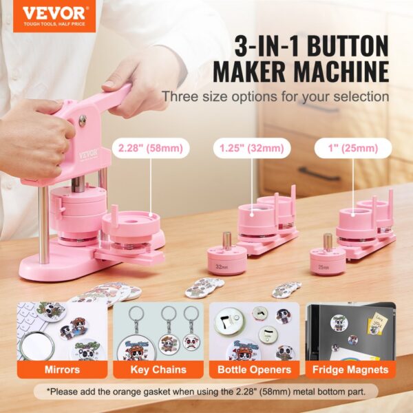 VEVOR button maker 3-in-1: create mirrors, key chains, bottle openers, fridge magnets in three sizes.