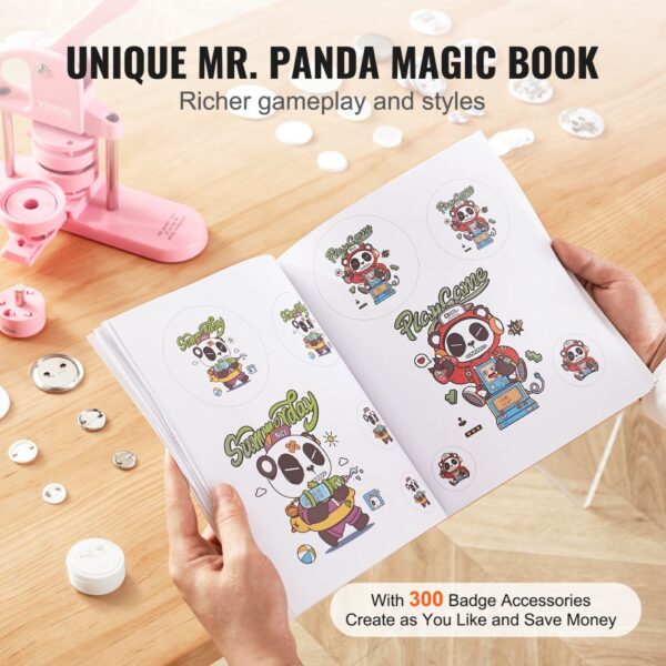 VEVOR button maker with mr. panda magic book, 300 badge accessories on a wooden table.