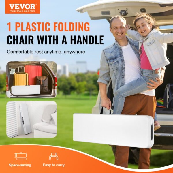 VEVOR folding bench displayed with easy portability, space-saving design, and handle for convenient carrying.