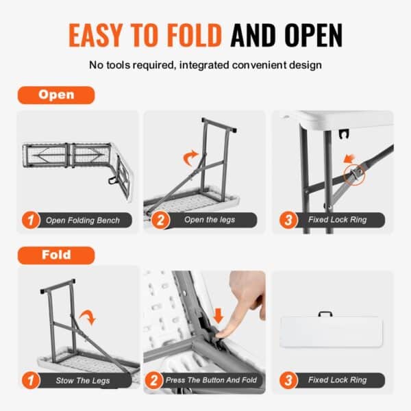 easy steps to open and fold VEVOR folding bench with no tools required, featuring a fixed lock ring.