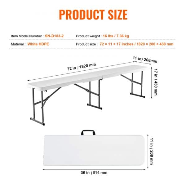 VEVOR folding bench, white hdpe, 72x11x17 in, 16 lbs, sn-d183-2, collapsible with handles for portability.