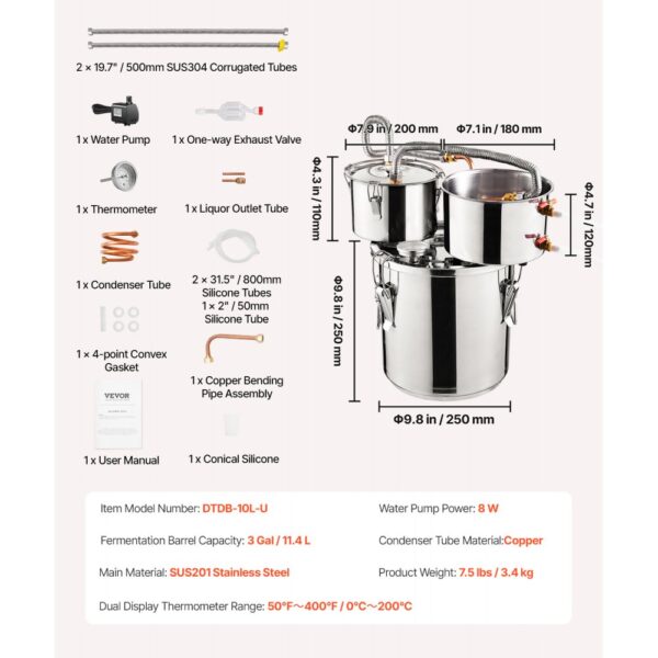 VEVOR Moonshine Still Water Alcohol Distiller 3Gal w/Thumper Keg & 8W Water Pump