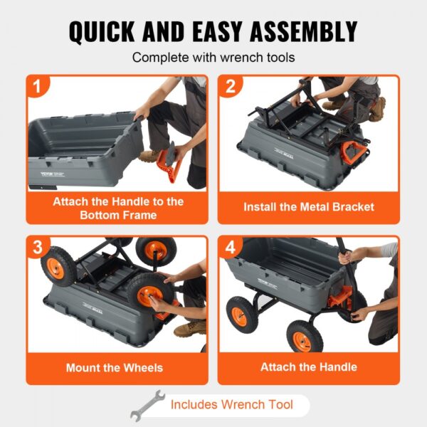 quick assembly of the VEVOR dump cart with steps: attach the handle, install bracket, mount wheels, attach handle.