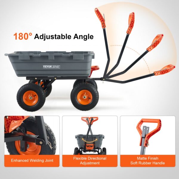 VEVOR dump cart with 180° adjustable angle, flexible directional adjustment, and soft rubber handle.