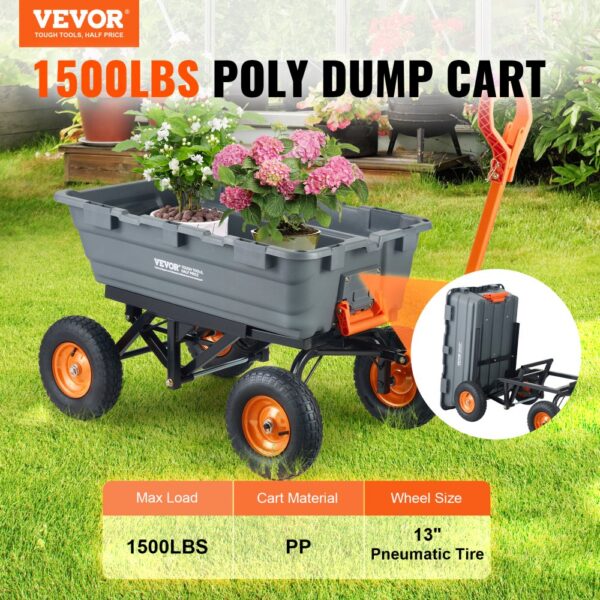 VEVOR dump cart with 1500lbs capacity, filled with flowers, on green grass; 13" pneumatic tires.