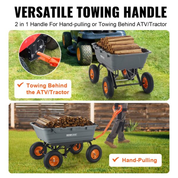 VEVOR dump cart with versatile towing handle for atv/tractor towing or hand-pulling, carrying logs.