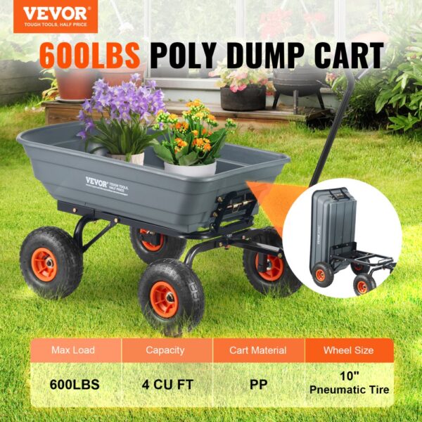 VEVOR garden dump cart with 600lbs capacity, pp material, and 10" pneumatic tires, holding plants.