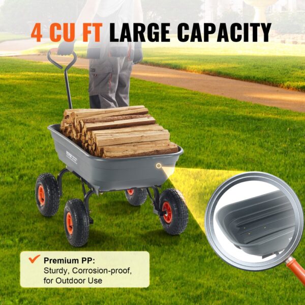 VEVOR garden dump cart with 4 cu ft capacity hauling firewood on grass, showing premium pp material.