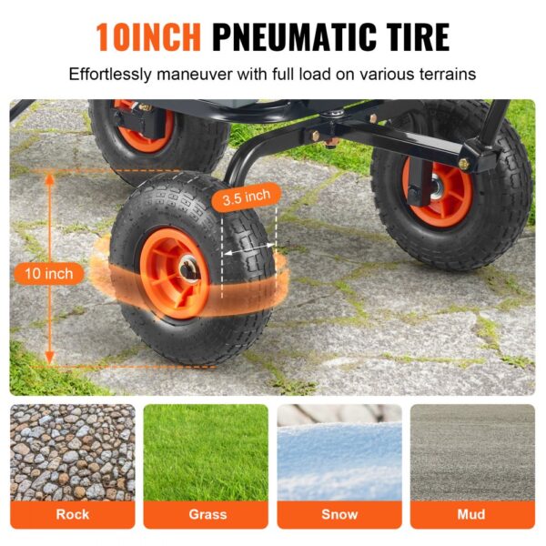 10-inch pneumatic tire of VEVOR garden dump cart on various terrains: rock, grass, snow, and mud.