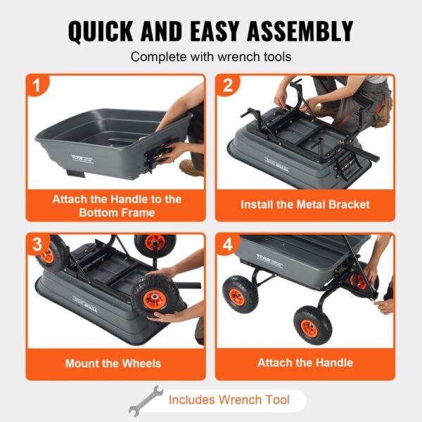 quick and easy assembly steps for VEVOR garden dump cart with included wrench tools.