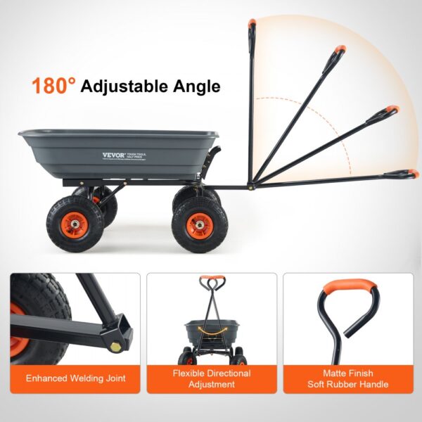 VEVOR garden dump cart with 180° adjustable handle, durable wheels, and enhanced welding joint.