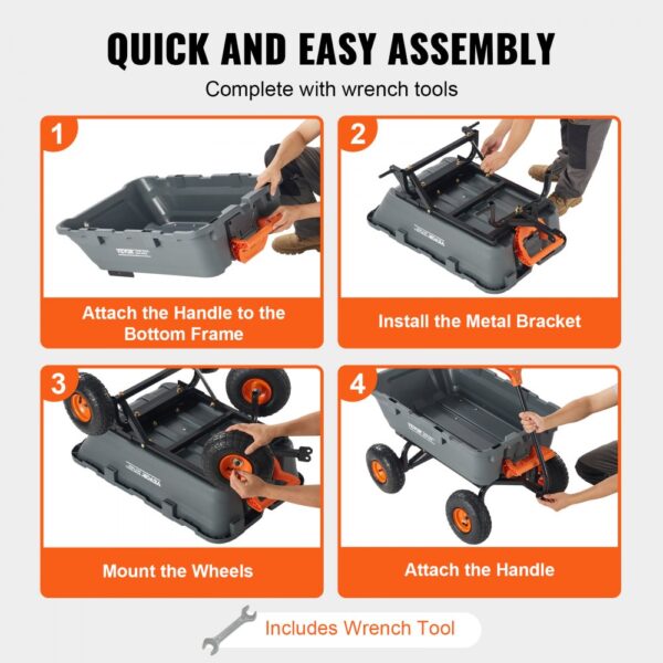 VEVOR dump cart assembly guide: attach handle, install bracket, mount wheels, attach handle. includes wrench.