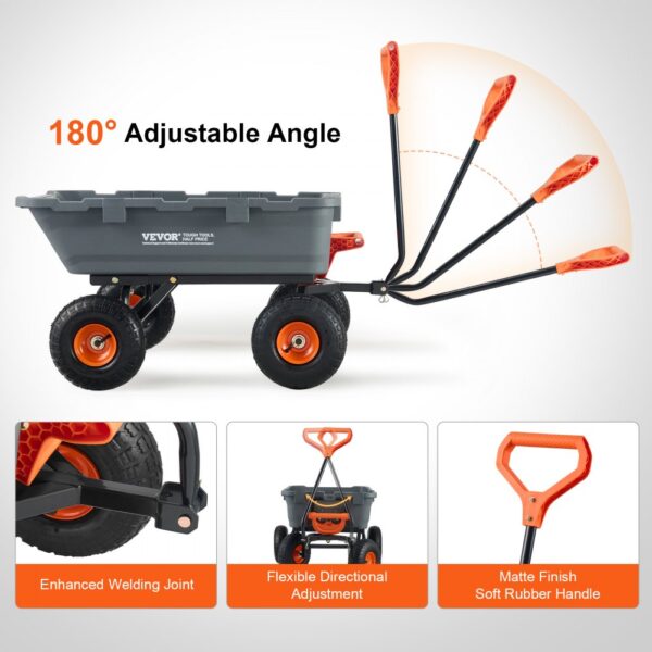 VEVOR dump cart with 180° adjustable handle, enhanced welding joint, and flexible directional adjustment.