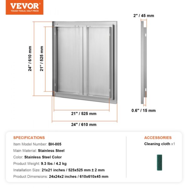 VEVOR bbq access door, stainless steel, 24x21x2 inches, includes cleaning cloth, model bh-005.