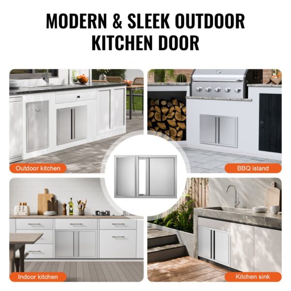 modern kitchens featuring VEVOR bbq access door on bbq island, outdoor, indoor, and sink setups.