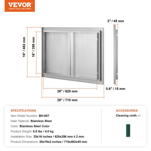 VEVOR bbq access door, stainless steel, 25x16 in, product dimensions 28x19x2 in, includes cleaning cloth