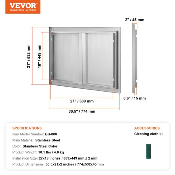 VEVOR bbq access door, stainless steel, 27x18 inch, 30.5x21x2 inch dimensions, includes cleaning cloth.