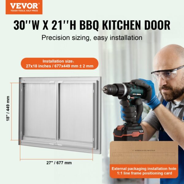 VEVOR bbq access door 30" x 21" with installation instructions and dimensions displayed.