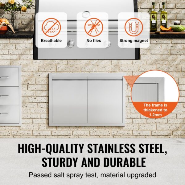 VEVOR bbq access door in stainless steel, featuring breathability, fly-proofing, and strong magnets.