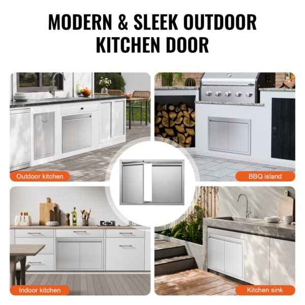 modern and sleek VEVOR bbq access door displayed in outdoor kitchen, bbq island, indoor kitchen, and kitchen sink.