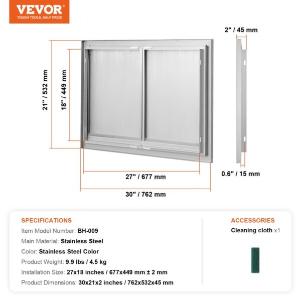 VEVOR bbq access door, stainless steel, 27x18 inches, model bh-009, with cleaning cloth.