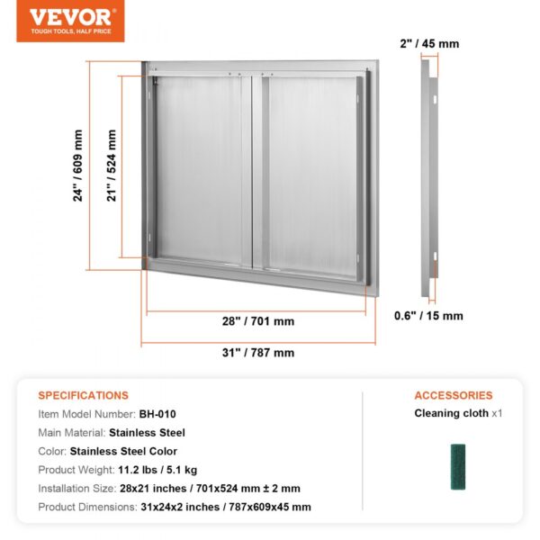 VEVOR stainless steel access door, dimensions: 31"x24"x2", weight: 11.2 lbs, includes cleaning cloth.