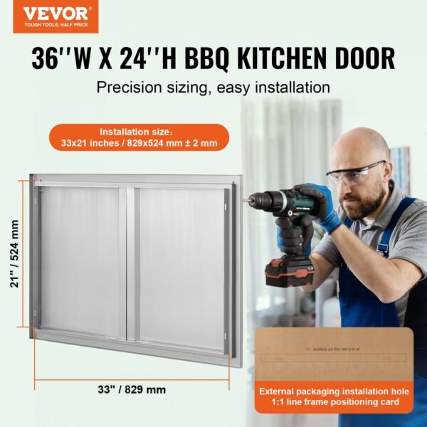 VEVOR bbq access door 36"x24" shown with precision sizing of 33"x21", easy installation instructions.