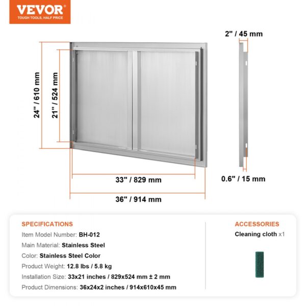 VEVOR bbq access door, stainless steel, 33x21 inches, 36x24x2 inches dimensions, includes cleaning cloth.