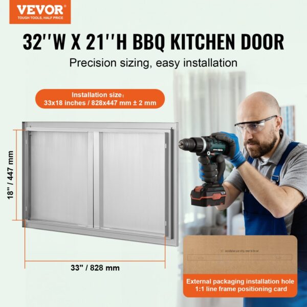 VEVOR bbq access door, 32"w x 21"h, precision sizing, easy installation, with an orange installation size diagram.