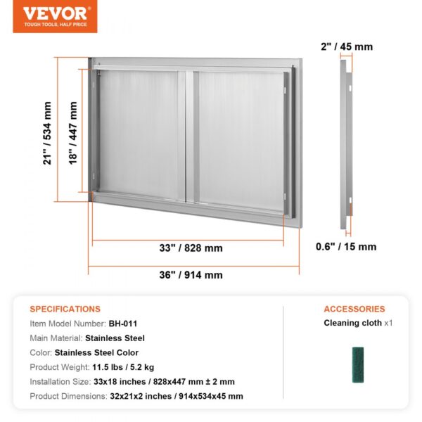 VEVOR bbq access door, stainless steel, 36"x21", 33"x18" installation size, includes cleaning cloth.