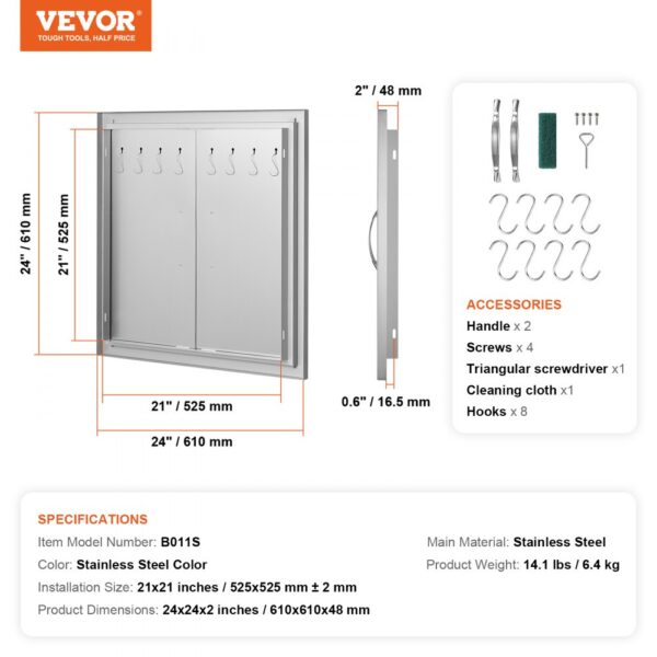 VEVOR bbq access door in stainless steel, dimensions, accessories, and specifications displayed.