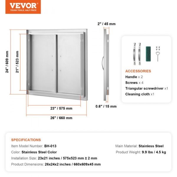 VEVOR bbq access door dimensions and accessories, including handles, screws, screwdriver, and cleaning cloth.